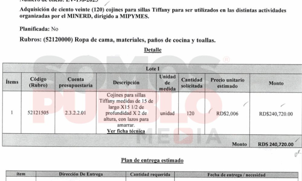 MINERD en la mira por licitación de RD0 mil en cojines para sillas usadas en inauguraciones.